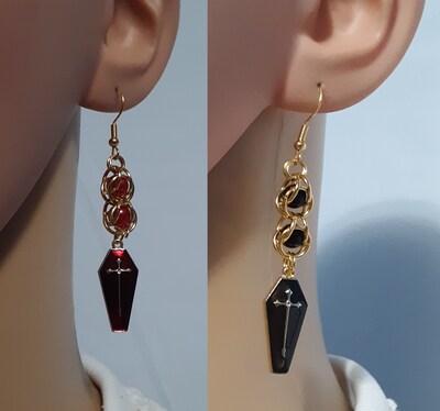 Coffin with Captive Bead Earring in Red or Black - Choose 1 Single Earring or Pair of Earrings - image1